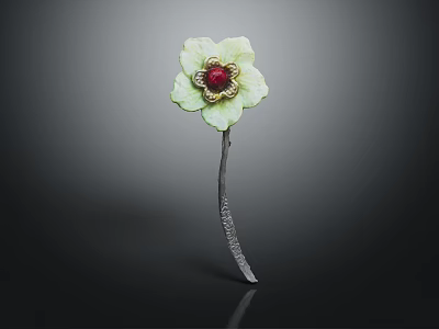 Flower Shaped Fashion Hairpin With Green Petals Red Gemstone Center And Silver Stem 3d model