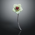 Flower Shaped Fashion Hairpin With Green Petals Red Gemstone Center And Silver Stem
