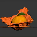 Fresh Orange With Green Leaf Surrounded By Orange Splash Effect On Black Background With Reflection 3d model