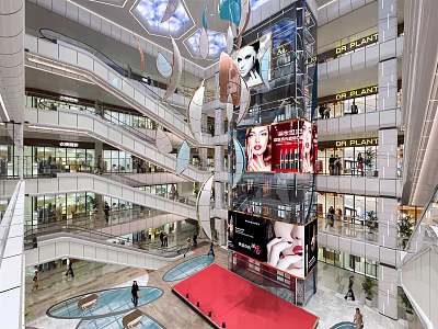 Modern Mall Atrium Interior With Multi Level Escalators Skylight And Large Digital Billboards 3d model