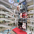 Modern Mall Atrium Interior With Multi Level Escalators Skylight And Large Digital Billboards 3d model