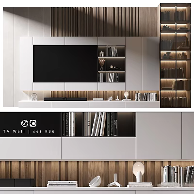 Modern TV Wall Design With White Cabinets Bookshelves Wooden Accents And Integrated Lighting 3d model