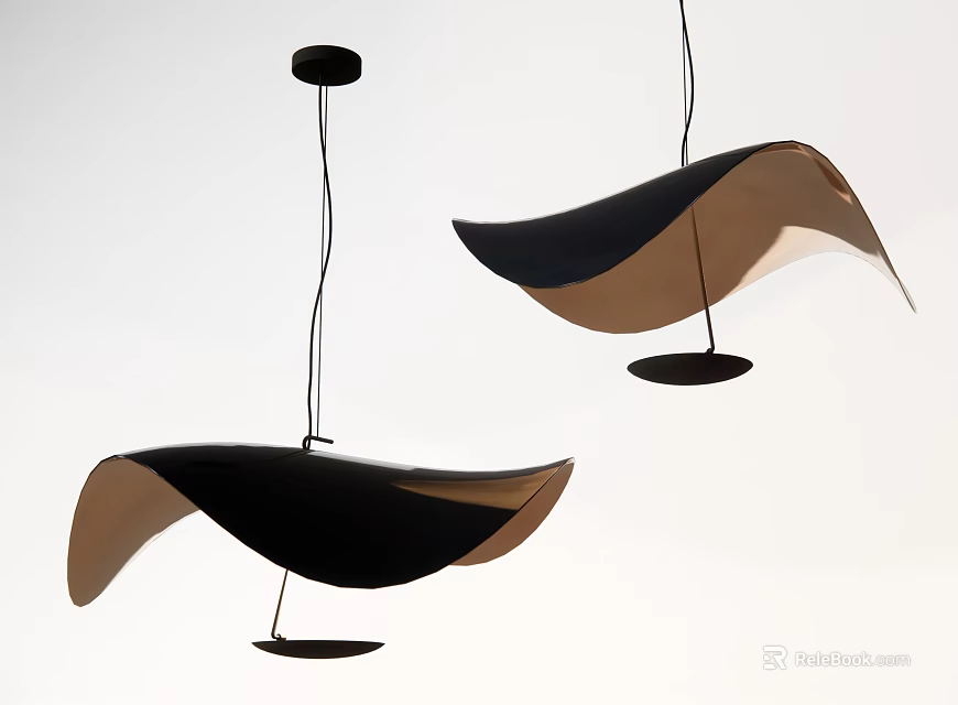 Modern Curved Pendant Lights With Black And Brown Leaf Shaped Design Suspended From Ceiling 3d model 