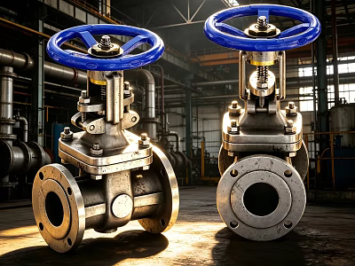 Metal Industrial Valves With Blue Handles In Heavy Duty Factory Setting And Pipes 3d model