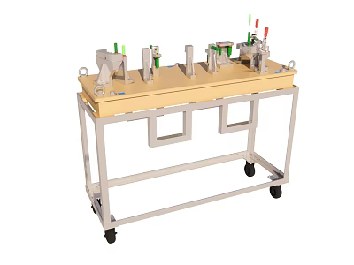 Industrial Equipment Workbench With Wheels Featuring Green Mechanical Components And Indicator Lights 3d model