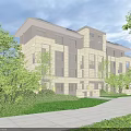 Modern Mid Rise Residential Building With Balconies Large Windows Greenery Trees And Lawn Pathway