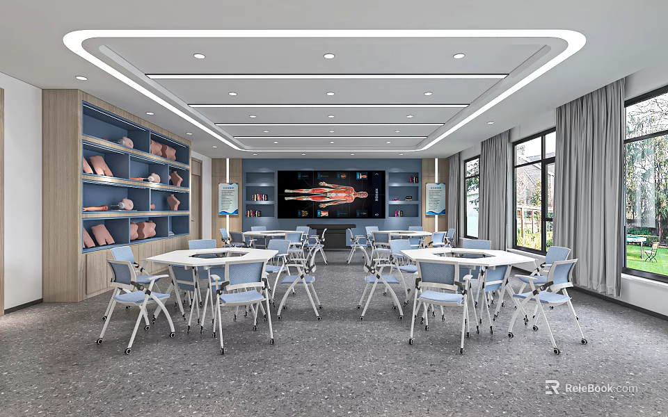 School Classroom Interior With Tables Chairs Display Shelves And Screen 3d model 