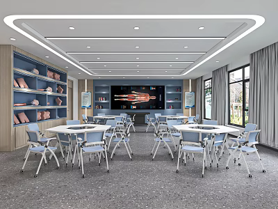 School Classroom Interior With Tables Chairs Display Shelves And Screen 3d model