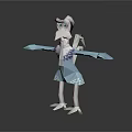 White Bird like 3D Character with Blue Dress and Green Eyes Spreading Arms