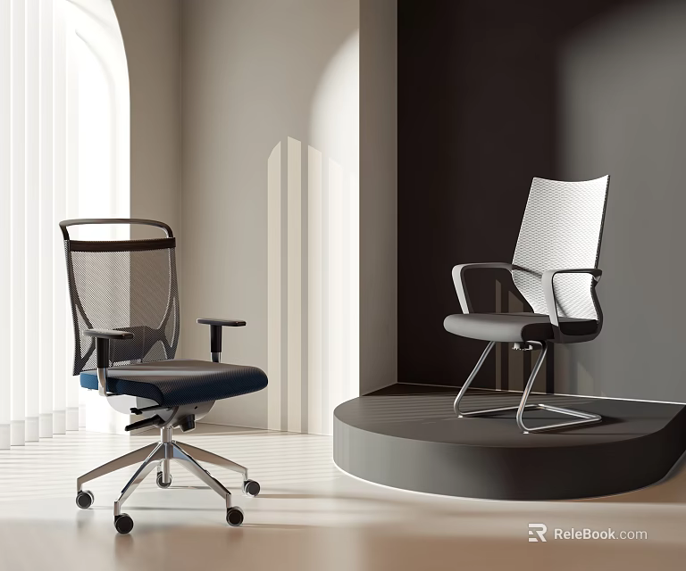 Two Modern Office Chairs With Mesh Backrests Black Gray Seats Armrests And Wheels 3d model 