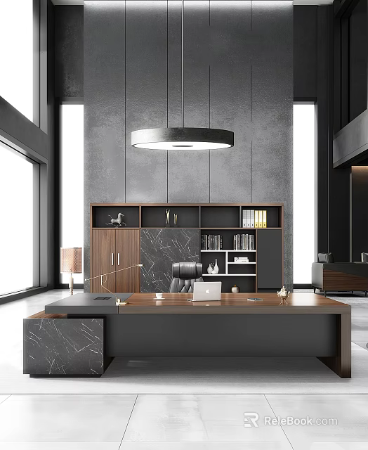 Modern Office Desk With Wooden Top Bookshelf Decor Pendant Lighting Gray Walls And Natural Light 3d model 