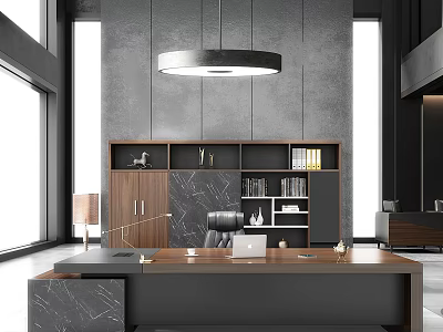 Modern Office Desk With Wooden Top Bookshelf Decor Pendant Lighting Gray Walls And Natural Light 3d model