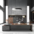 Modern Office Desk With Wooden Top Bookshelf Decor Pendant Lighting Gray Walls And Natural Light