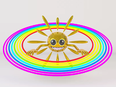 Golden Cartoon Character With Sun Rays Rainbow Rings And Smiling Face 3d model