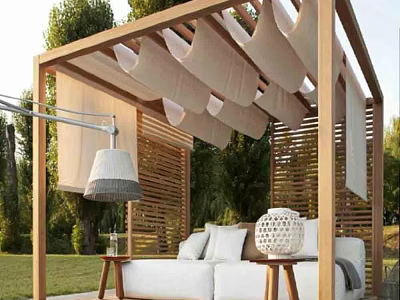 Modern Outdoor Landscape Seating With Wooden Pergola White Cushions And Greenery 3d model