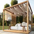 Modern Outdoor Landscape Seating With Wooden Pergola White Cushions And Greenery