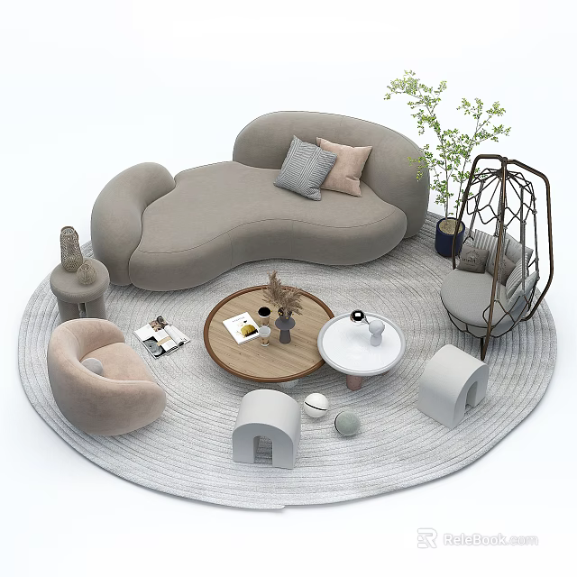 Modern Curved Sofa and Wooden Coffee Table Set With Pillows Round Rug and Green Plant 3d model 