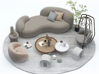 Modern Curved Sofa and Wooden Coffee Table Set With Pillows Round Rug and Green Plant 3d model