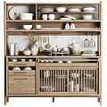 Natural Wooden Sideboard Cabinet With Open Shelves Dishes Vase And Wine Glasses Decor