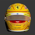 Yellow Race Car Helmet With Red Stripes Ferrari Logo And Sponsor Brands
