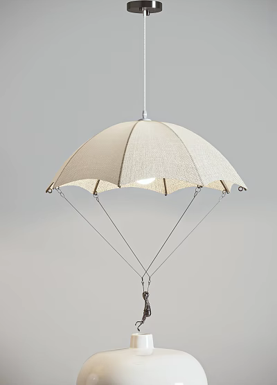 Beige Umbrella Shaped Fabric Pendant Light With Ribbed Structure And Hanging Design 3d model
