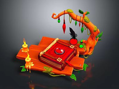 Whimsical Decorative Scene With Red Book Orange Wooden Plank Tree Branch Colorful Bulbs And Candles 3d model