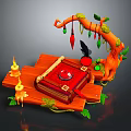 Whimsical Decorative Scene With Red Book Orange Wooden Plank Tree Branch Colorful Bulbs And Candles