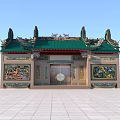 Traditional Ancient Architecture With Green Roof Ornate Eaves And Colorful Decorations