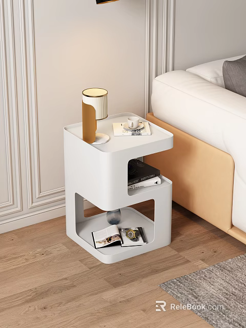 Modern White Side Table With Storage Shelf And Decor Items Next To Sofa 3d model