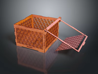Orange Wooden Storage Organizer Box Featuring Laser Cut Pattern And Open Lid 3d model