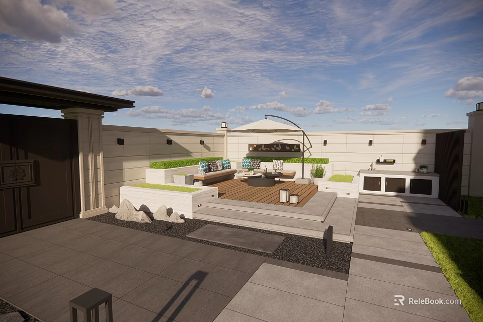 Modern Roof Courtyard Garden With Outdoor Sofa Umbrella Wooden Deck And Green Plants 3d model 