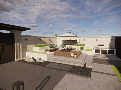 Modern Roof Courtyard Garden With Outdoor Sofa Umbrella Wooden Deck And Green Plants 3d model