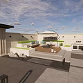 Modern Roof Courtyard Garden With Outdoor Sofa Umbrella Wooden Deck And Green Plants