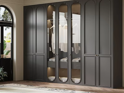 Elegant Dark Gray Wardrobe With Glass Doors And Modern Interior Design 3d model
