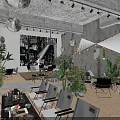 Industrial Style Café Interior With Concrete Structure Green Plants Pendant Lights And Canopy Decoration