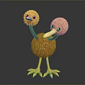 Two Cute 3D Cartoon Flying Birds With Brown Fluffy Feathers Long Beak And Short Legs