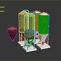 Three Silver Storage Tanks With Brown Conical Object On Metal Platforms