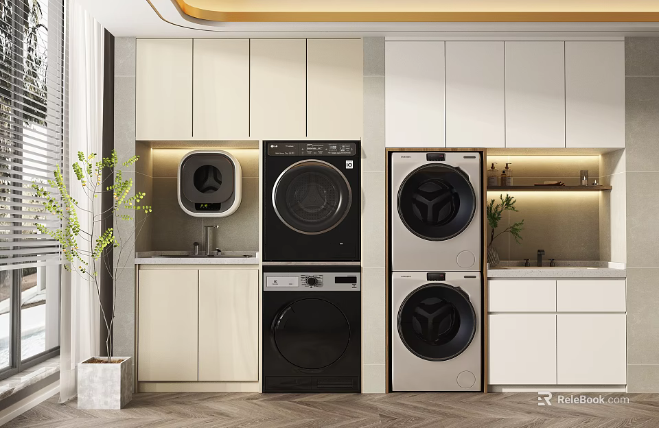 Modern Bathroom Cabinet Rack With Washer Dryer White Storage And Minimalist Design 3d model 