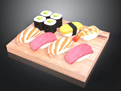 Sushi Platter With Various Types Of Fresh Fish And Rice On Wooden Tray 3d model