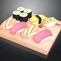Sushi Platter With Various Types Of Fresh Fish And Rice On Wooden Tray