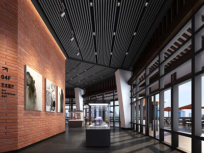 Interior Space With Red Brick Wall Artworks Glass Display Cases Spacious Hallway And Slatted Ceiling 3d model