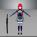 Red Haired Character In Armored Blue White Outfit With Arms Outstretched Holding Long Black Weapon