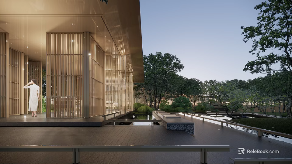 Modern Garden Landscape With Wooden Structure Water Pool And Stone Platform 3d model 