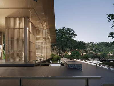 Modern Garden Landscape With Wooden Structure Water Pool And Stone Platform 3d model