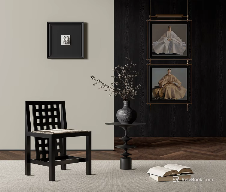 Elegant Portrait Paintings in Black Frames Hanging on Dark Wall With Decorative Chair and Vase 3d model 