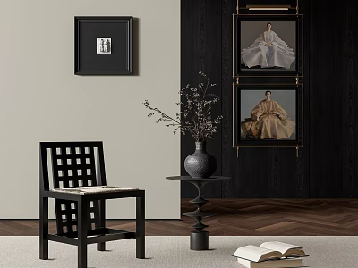 Elegant Portrait Paintings in Black Frames Hanging on Dark Wall With Decorative Chair and Vase 3d model