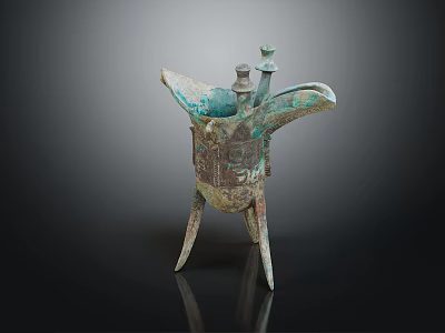 Ancient Bronze Wine Bottle And Cup Featuring Three Legs Greenish Blue Patina And Intricate Carvings 3d model