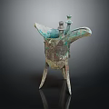 Ancient Bronze Wine Bottle And Cup Featuring Three Legs Greenish Blue Patina And Intricate Carvings