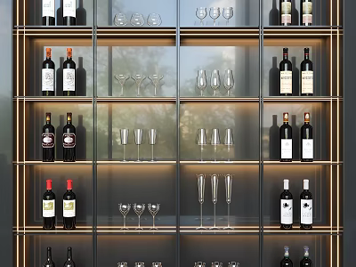 Wine Bottles and Glasses Neatly Arranged on Modern Multi Layered Shelves 3d model
