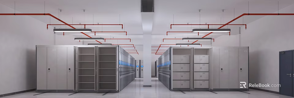 Modern Data Center Interior With Neatly Arranged Server Racks And Ceiling Fixtures 3d model 
